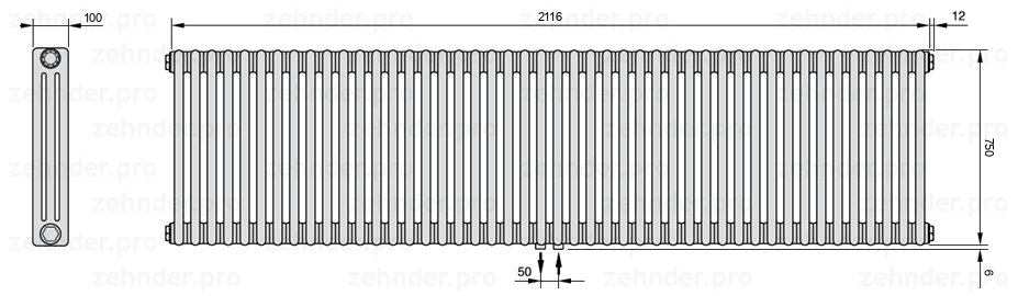 Схема (чертеж) Радиатор Zehnder Charleston 3075/46 №5410 Белый глянцевый RAL 9016
